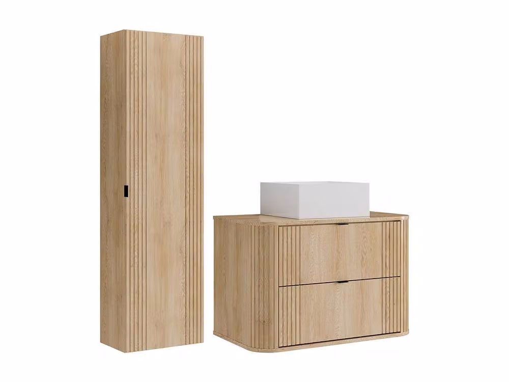 Vente-unique Light Oak Suspended Bathroom Vanity Unit with Square Countertop Basin and Tall Cabinet – 2