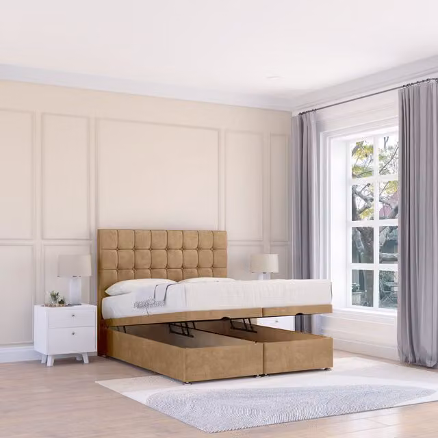 Sloomy Alabama Dumfries King Ottoman Bed in Light Beige with Sprung Memory Mattress and 26 Inch Strut Headboard, W/D/H: 180 x 200 cm