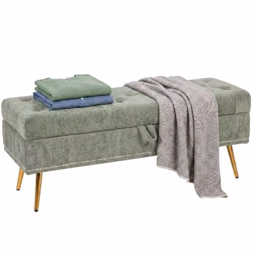 HOMCOM Chenille Upholstered Storage Ottoman in Green, W: 114 cm, D: 41 cm, H: 45 cm – 1