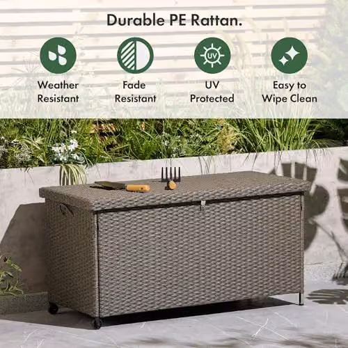 VonHaus Bali Grey Rattan Garden Storage Box, 290L Weatherproof Outdoor Container with Lockable Lid and Waterproof Liner – 4