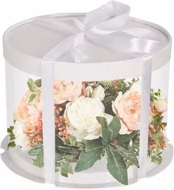 Living and Home White PVC Round Cake Gift Box with Paper Lid and Ribbon, W: 22 cm, D: 16 cm, H: 16 cm
