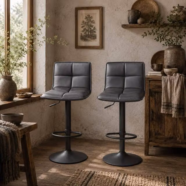 Wyld Haus Miha Set of 2 Adjustable Grey Faux Leather Bar Stools with 360 Degree Swivel – 1