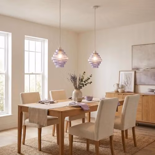 Happy Homewares Tiered Stepped Design Ribbed Glass Pendant Ceiling Lamp Shade in Purple, W: 24 cm, H: 22 cm – 2