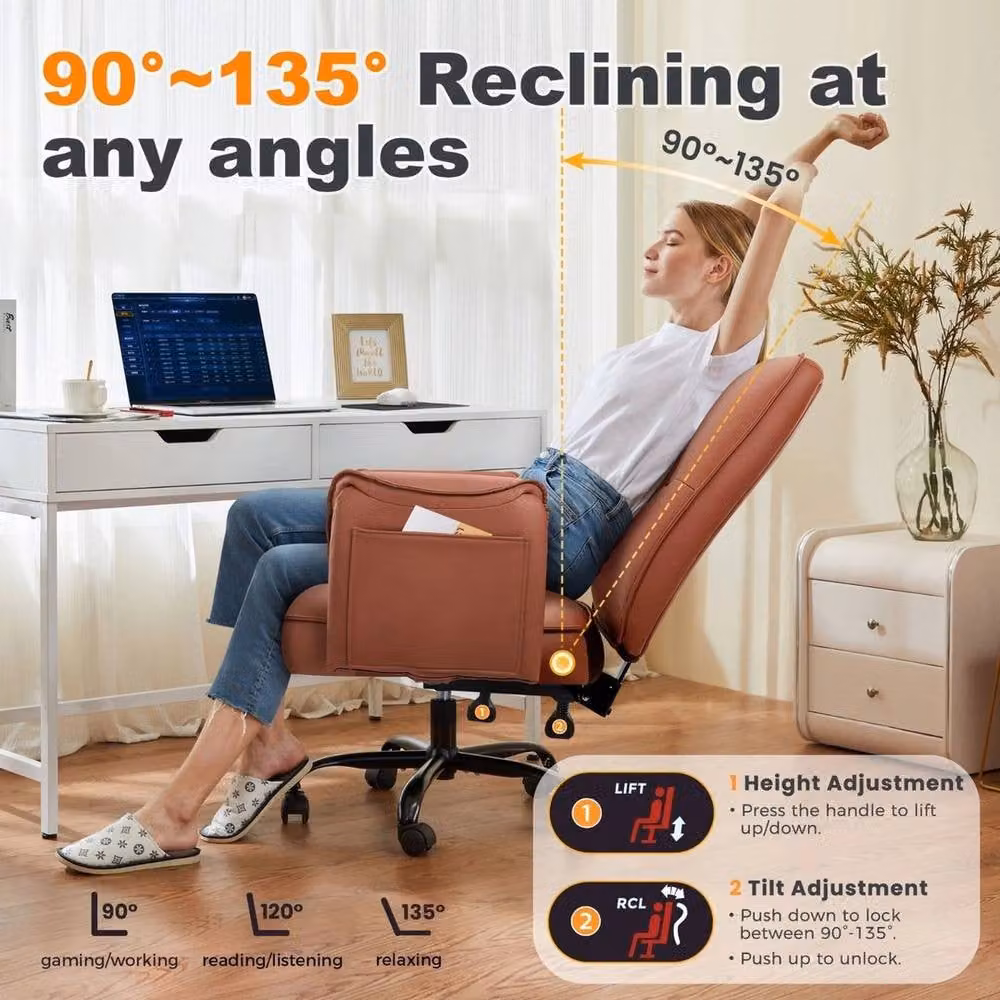 FORGEVIO Brown Ergonomic Synthetic Leather Office Chair with Armrests for Home Office – 5