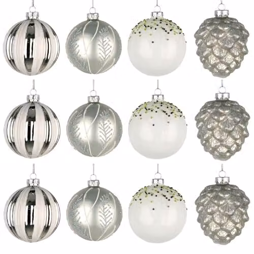 Shatchi 12-Piece Set of Glass Christmas Bauble Hanging Ornaments in Silver and White, Diameter: 8 cm – 1