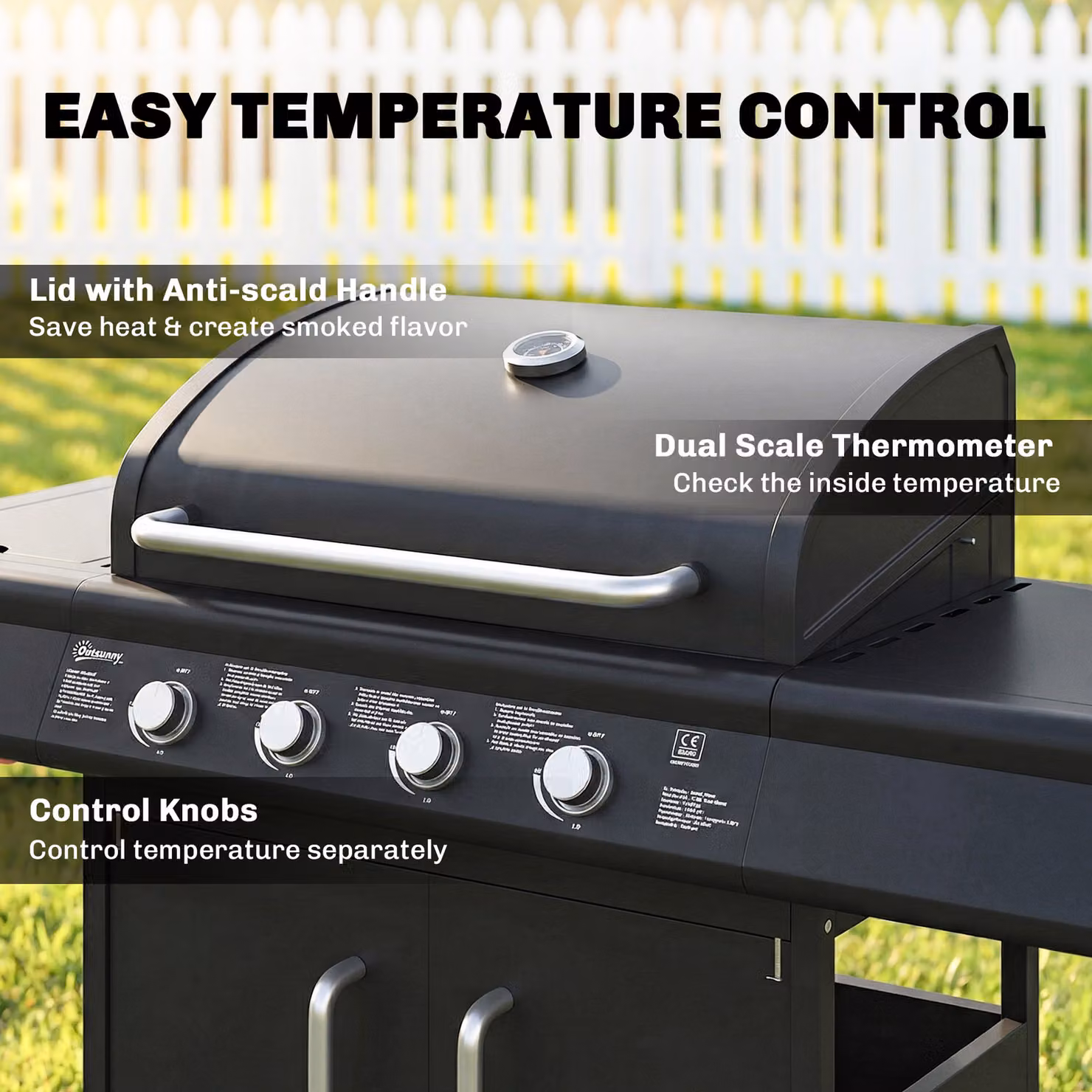 Outsunny 4+1 Burner Gas BBQ Grill with Storage Cabinet and Side Table, 15.2 kW Black Barbecue Trolley with Warming Rack, Side Burner and Wheels, W/D/H: 129.5 x 66.2 x 110 cm – 5