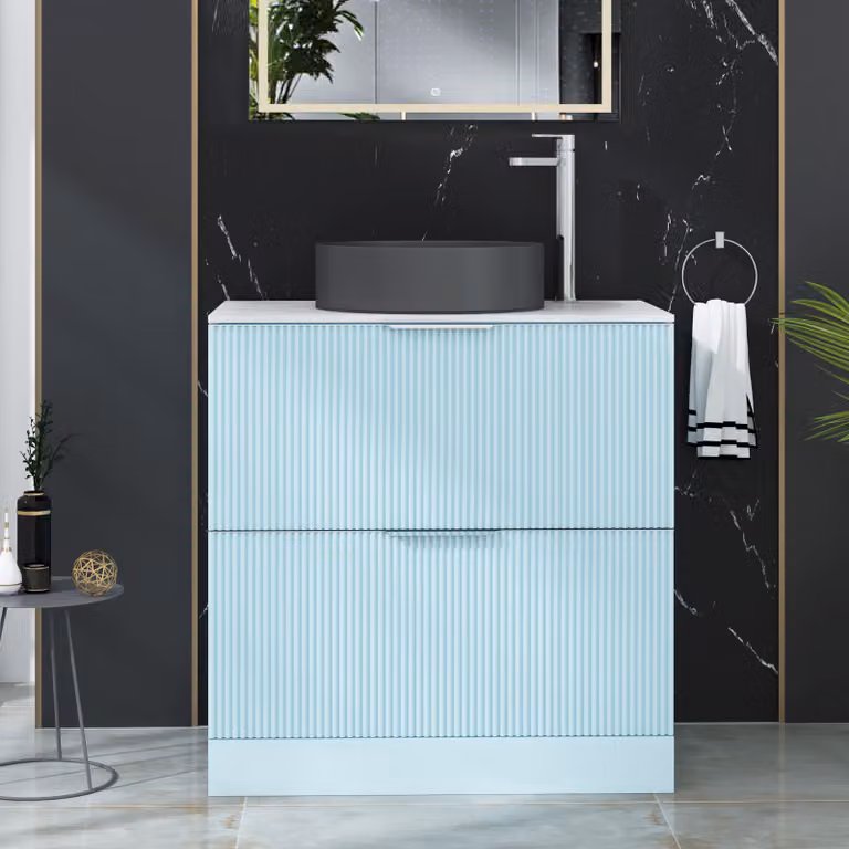 Royal Bathrooms Evora Powder Blue Fluted Floor Standing Countertop Vanity Unit with 2 Drawers and Art Deco Round Basin