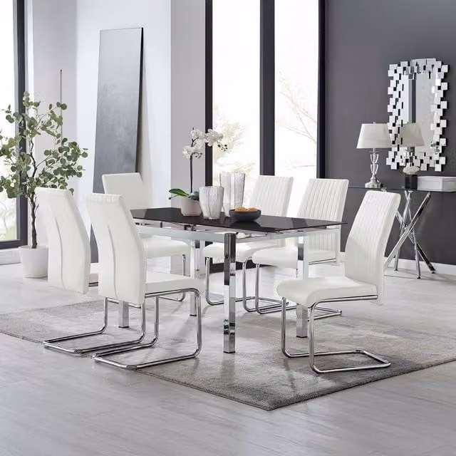 Furniturebox Enna Black Glass Extending Dining Table and 6 Lorenzo Chairs in White