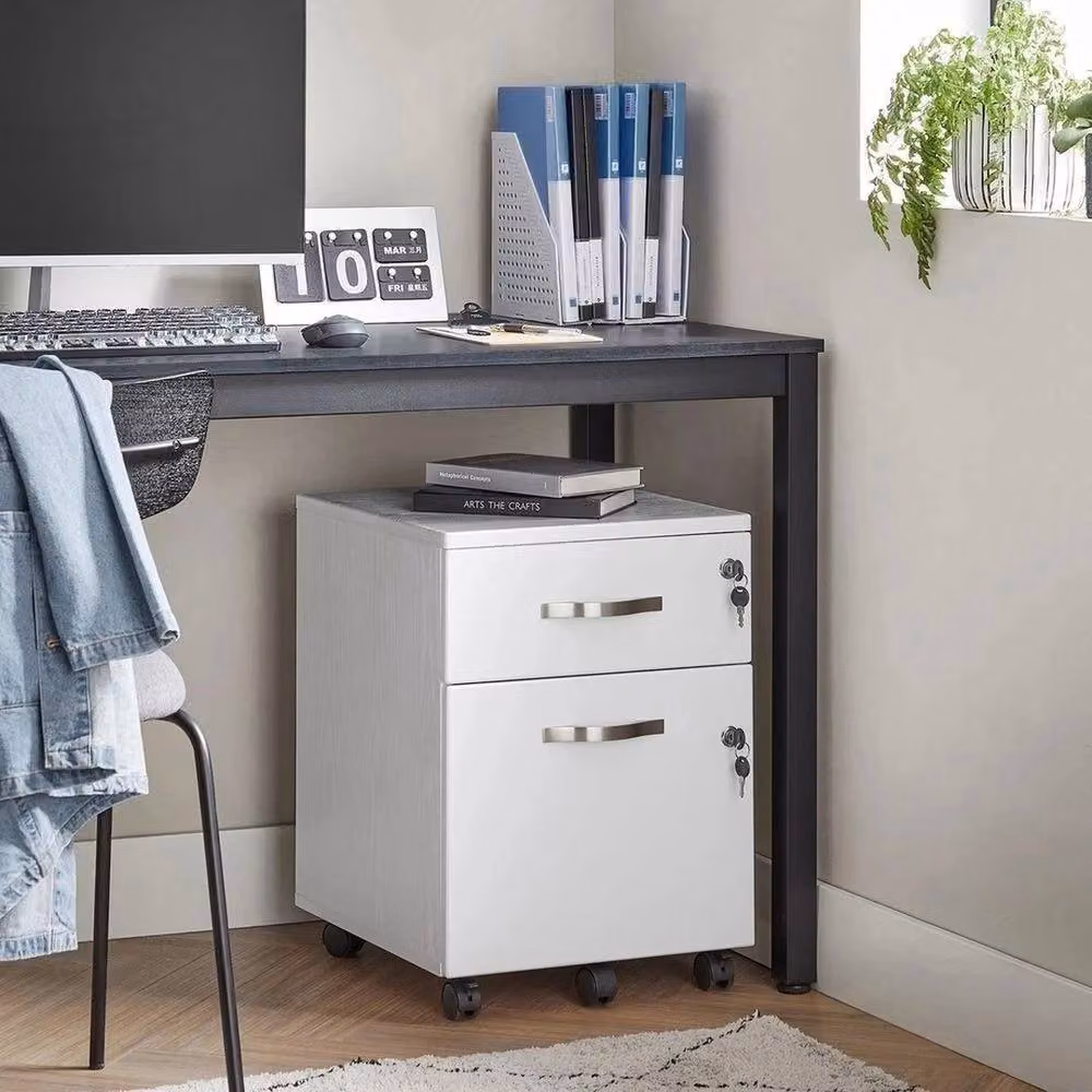 VOGREX White Lockable 2 Drawer Metal Office Pedestal Filing Cabinet with Castors – 3