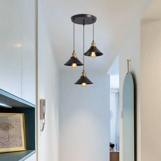 Pheashine Industrial Black Metal Cone Pendant Light with Adjustable Cord and E27 Base