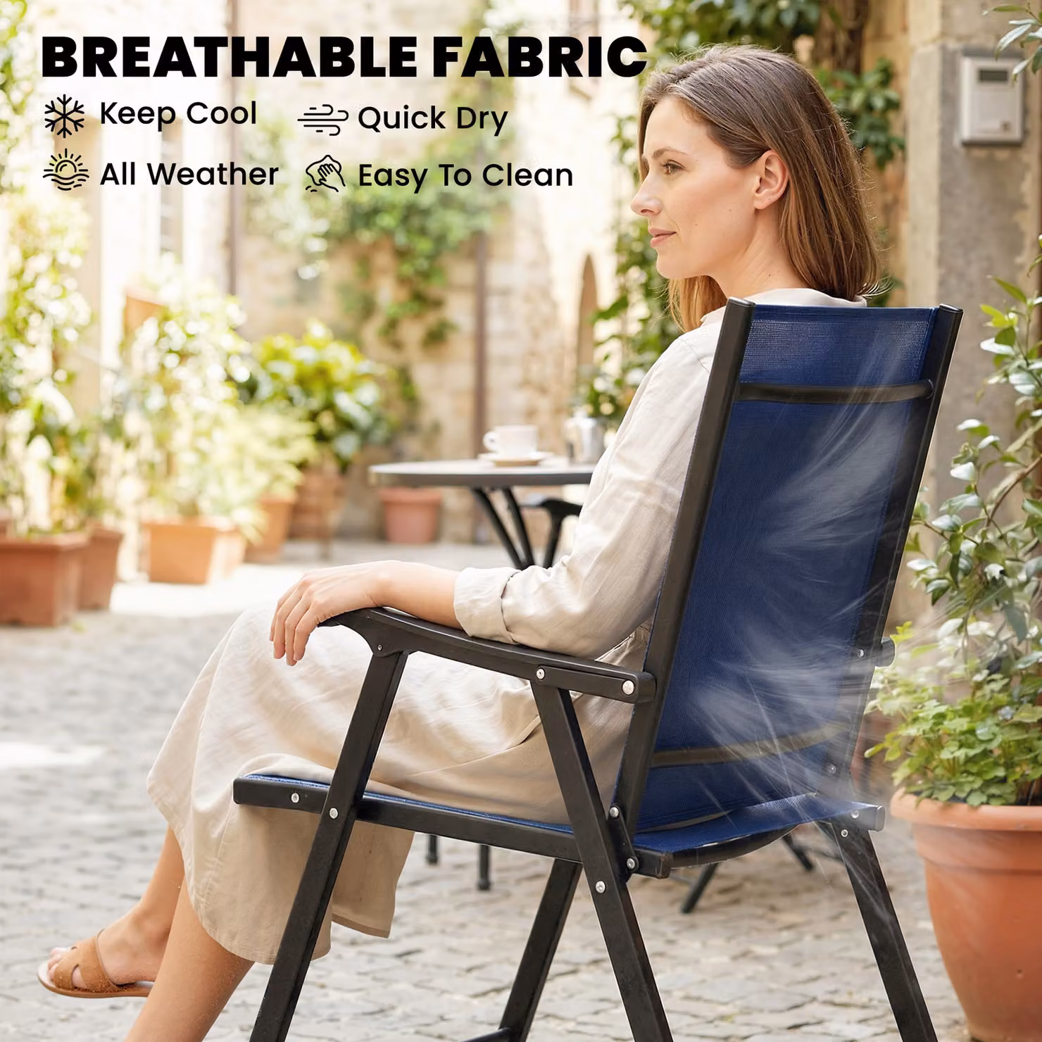 Outsunny Set of 2 Folding Garden Dining Chairs with Armrests and Textilene Seats in Navy Blue – 6