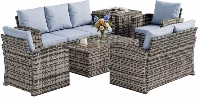 OUTSUNNY 6 Piece Grey Rattan Patio Sofa Set with Upholstered Cushions and Powder Coated Steel Frame