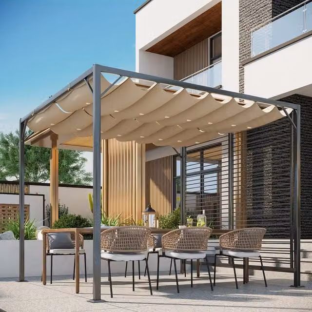Outsunny Metal Pergola Gazebo with Beige Cloth, Black Frame