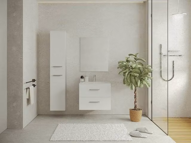 Vente-unique Modern White Wall-Mounted Bathroom Vanity Unit and Tall Storage Cabinet with Ceramic Basin