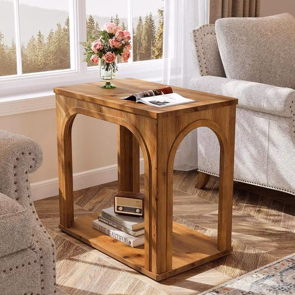 VOGREX Solid Wood Arched 2-Tier Side Table in Brown – 2