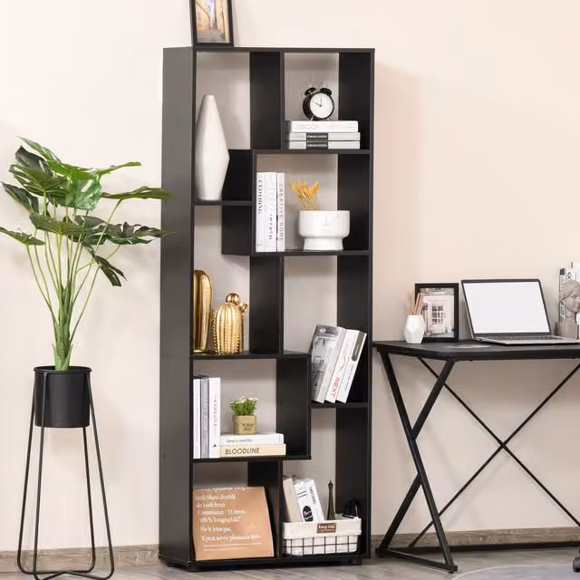 HOMCOM 8-Shelf Black MDF Bookcase – 1