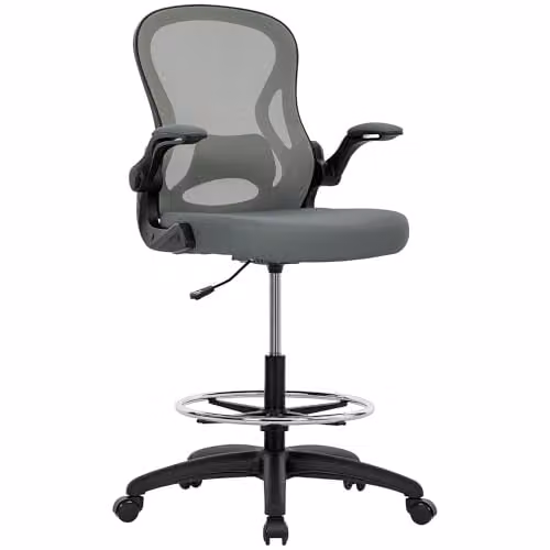 VINSETTO Grey Fabric Drafting Chair with Armrests and Foot Ring