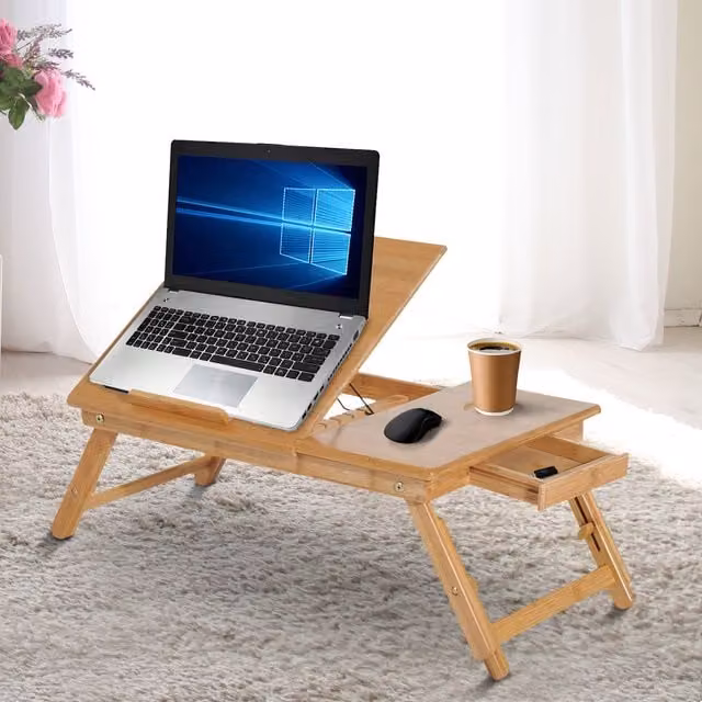 HOMCOM Portable Bamboo Laptop Desk with Tilting Top in Natural Wood Finish