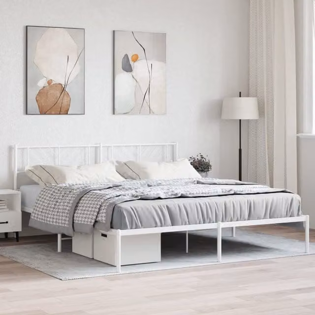 Berkfield Home Metal Bed Frame with Headboard in White W: 193 cm, D: 203 cm – 1