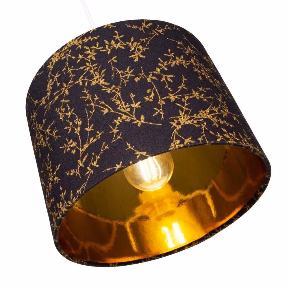 Happy Homewares Modern Round Soft Cotton Fabric Lamp Shade with Gold Floral Decoration in Black, Diameter: 30.48 cm – 3