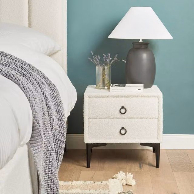 Wyld Haus Boucle Bedside Table in Off-White with Black Metal Legs and 2 Drawers, W/D/H: 38.0 x 45.0 x 44.0 cm – 1