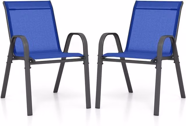 Set of 2 COSTWAY Modern Blue Textilene Fabric Lawn Chairs with Armrests and Metal Frame