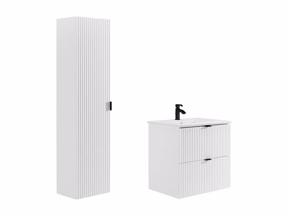 Vente-unique Ribbed Suspended Vanity Unit with Inset Basin and Column in Matte White, W: 60 cm, D: 47 cm, H: 60 cm – 2