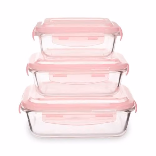 Premier Housewares Set of 3 Airtight Borosilicate Glass Food Storage Containers with Pink Lids, W/D/H: 16 x 8 x 21 cm