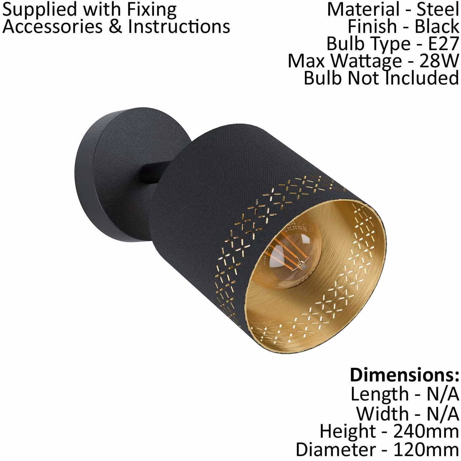 Loops 2 Pack Modern Wall Lights in Black and Gold with Fabric Shade and E27 Bulb Holder – 2