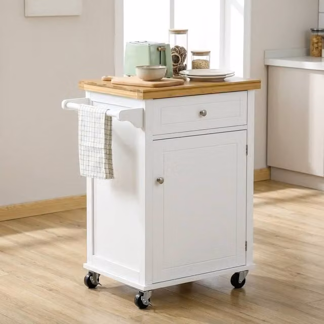 STILVORA Kitchen Cart with Drawer, Cupboard and Bamboo Top in White – 1