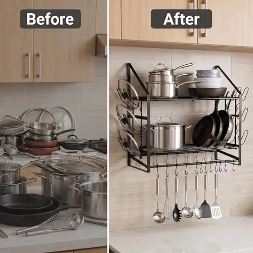 Toque Extra Long Wall Mounted 2 Tier Pot Rack and Pan Organiser in Black with 20 Movable Hooks and 6 Lid Holders, Width: 93.5 cm – 11