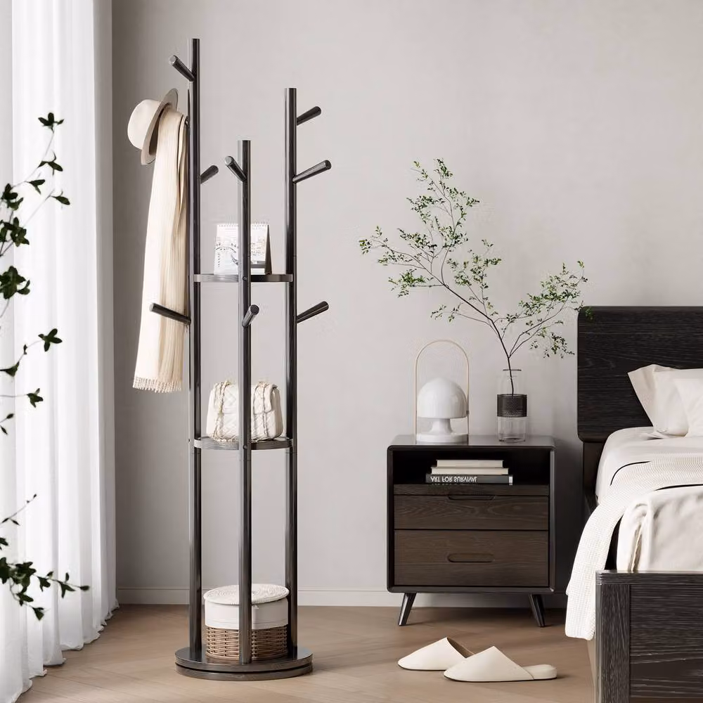 YQJJGL Rotating Solid Wood Coat Rack with 3 Shelves and Hooks, Freestanding, Black – 4