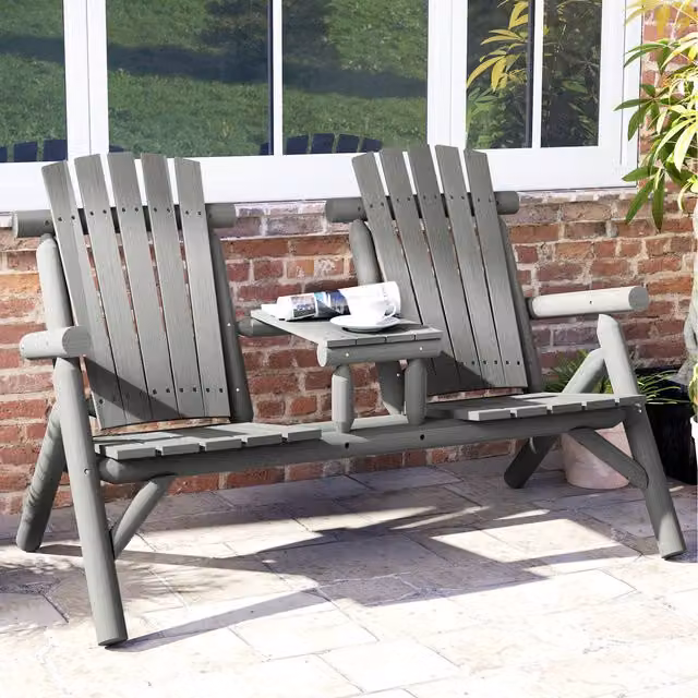 Outsunny Wood Patio Chair Bench with 2 Seats and Centre Coffee Table, Grey