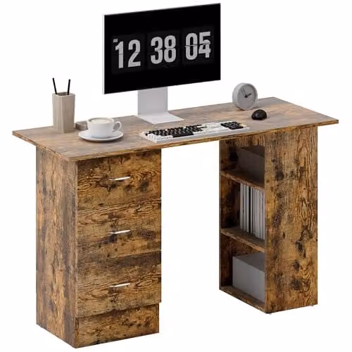 HOMCOM Computer Desk in Rustic Brown with Drawers, W/D/H: 120 x 49 x 72 cm