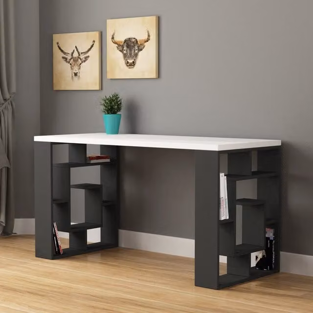 Decortie Labirent Modern Computer Desk with Bookshelf Legs in Anthracite Grey