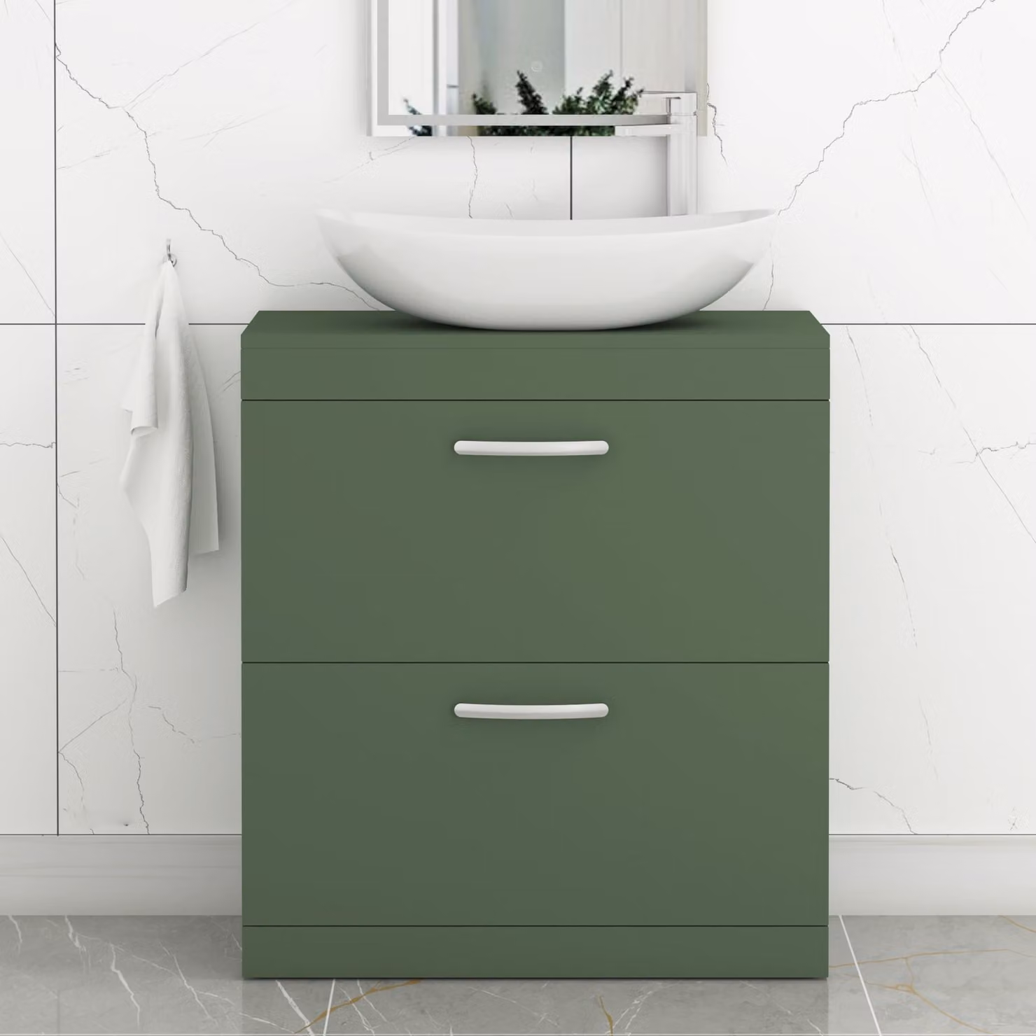 Cesar Turin 800mm Floor Standing 2 Drawer Matt Green Vanity Unit with Countertop Basin and Brushed Brass Handle