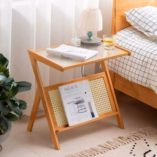 KORVIXA Z-Shape Bamboo and Glass Side Table in Brown