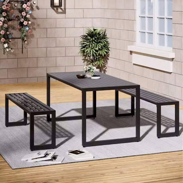 Livingandhome 3 Piece Grey Metal Garden Dining Bistro Set with Rectangular Table and 2 Benches