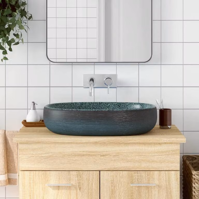 Berkfield Home Oval Ceramic Countertop Basin in Turquoise and Petrol, W/D/H: 59 x 40 x 14 cm