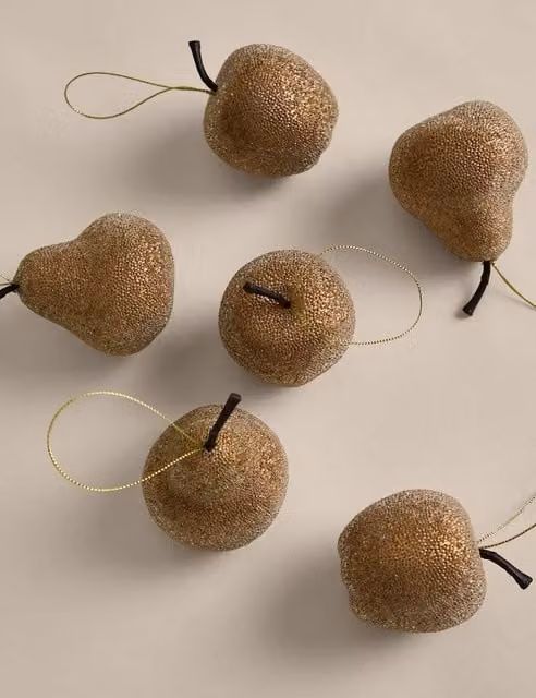 M&S 6 Pack Frosted Pear and Apple Christmas Baubles in Brown and Gold Mix