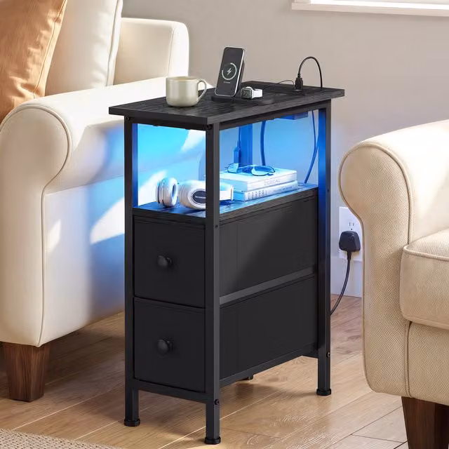 SONGMICS Set of 2 Slim Modern Bedside Tables in Black with Integrated Lighting, W/D/H: 46 x 21.6 x 60.4 cm