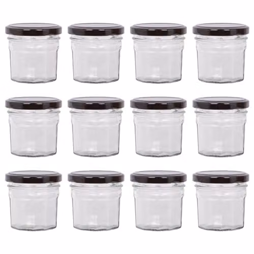 Argon Tableware Glass Jam Jars with Black Screw Top Lids, 90ml, Pack of 12