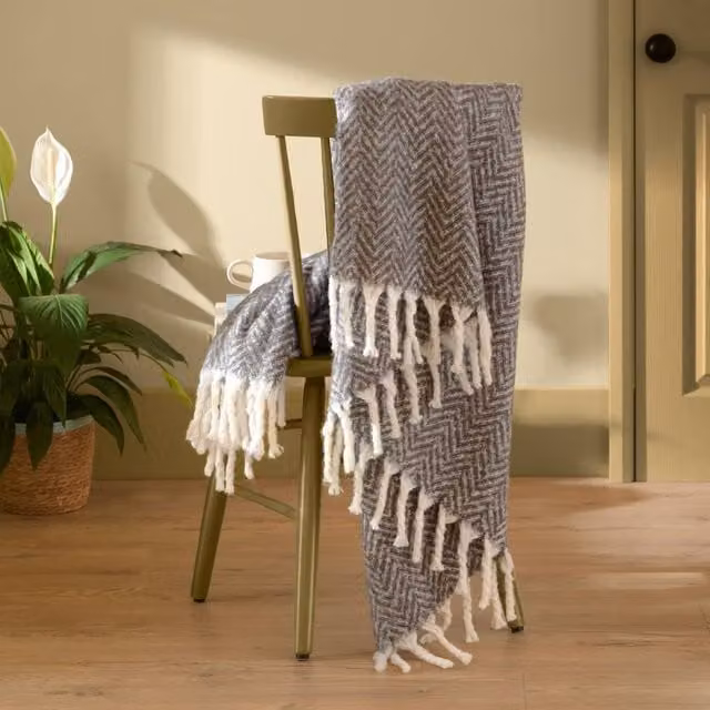 Furn Tweedie Brushed Herringbone Woven Throw with Fringes in Grey, W: 130 cm, L: 180 cm