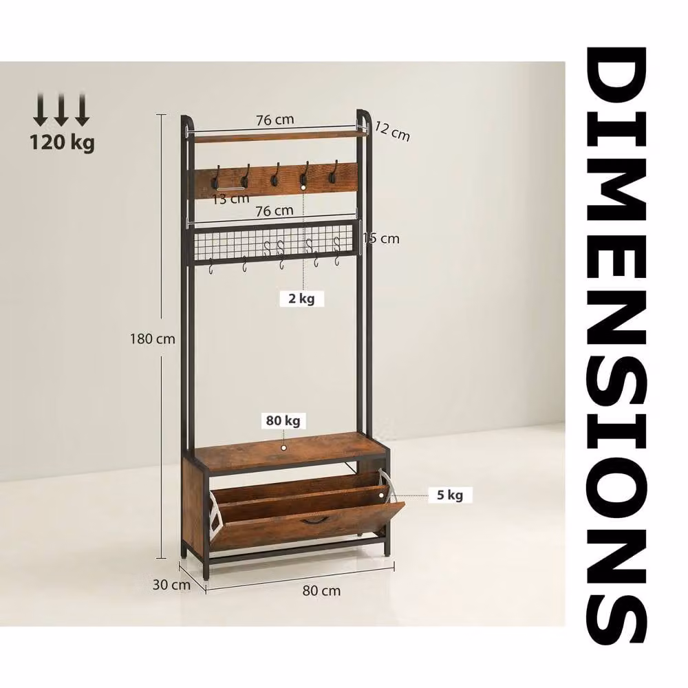 FURNOS Industrial Hall Tree Coat Rack with Bench in Brown, H 180 x W 120 x D 30 cm – 8