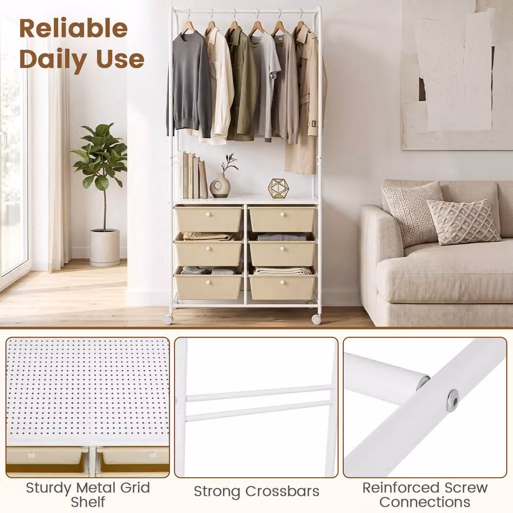 Costway White Metal Clothing Rack with 6 Drawers and Storage Shelf – 3