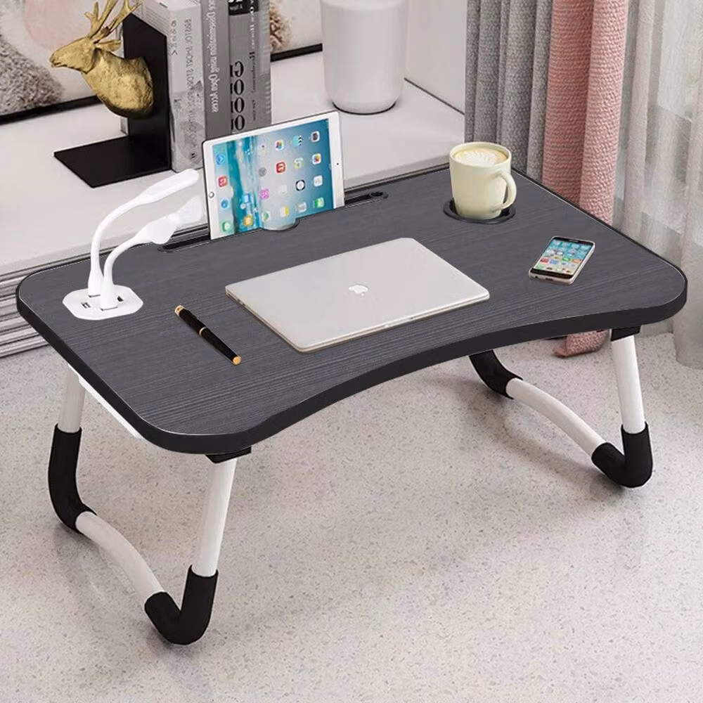 FORGEVIO Black Folding Laptop Desk and Breakfast Bed Tray with Round Wood Top – 3