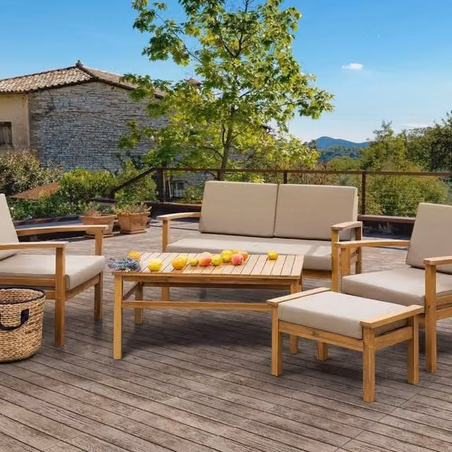 Wyld and Coco 4 Seater Garden Sofa Set with Acacia Wood Frame, Coffee Table and Ottoman in Brown with Taupe Cushions – 1