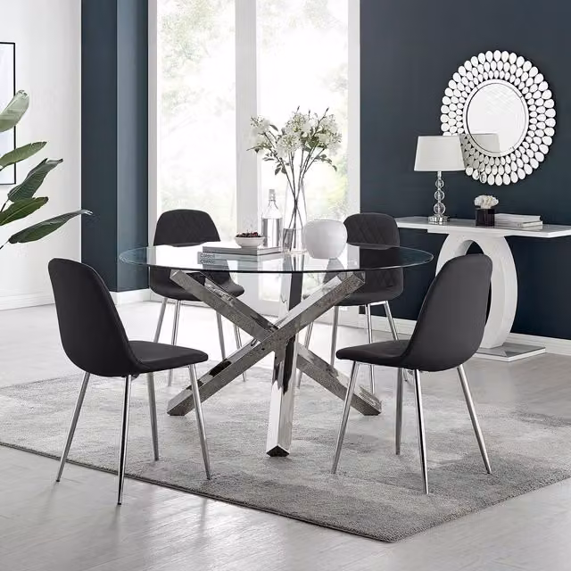 FurnitureboxUK Vogue Round Glass Dining Table and 4 Corona Silver Dining Chairs Set in Black