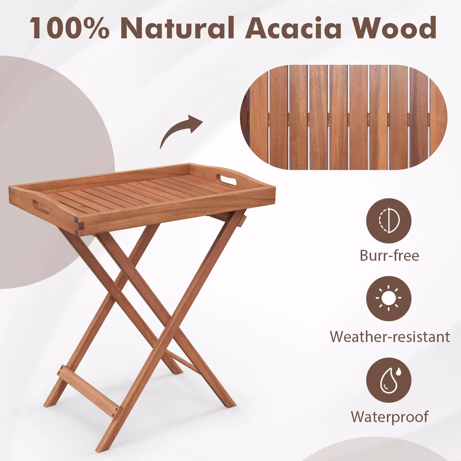 Costway Acacia Wood Folding Patio Side Table with Tea Tray in Natural Brown – 4