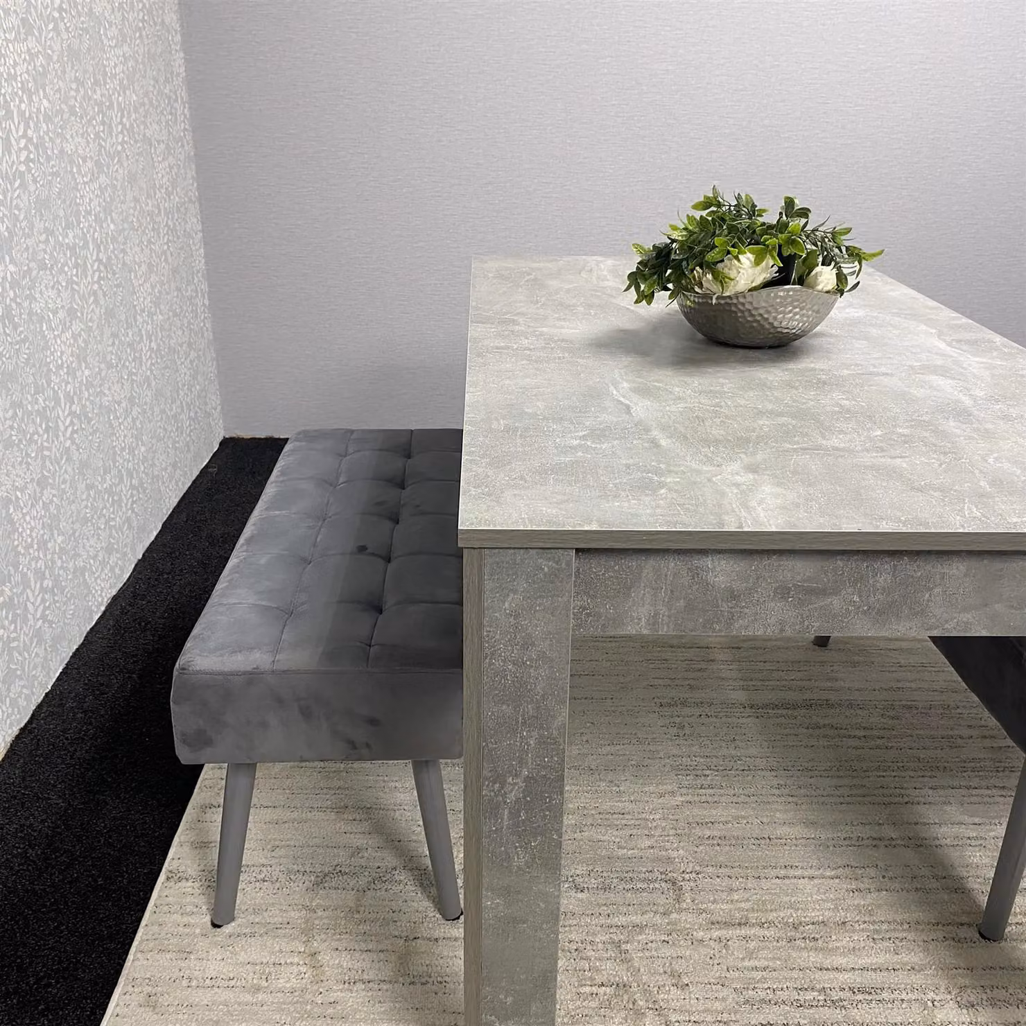 KOSY KOALA Stone Grey Effect Wood Dining Table Set with 2 Grey Velvet Benches in Brown and Grey – 7